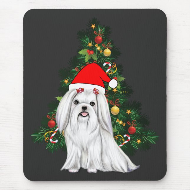 Maltese Christmas, Xmas Maltese Dog with Santa hat Mouse Pad (Front)