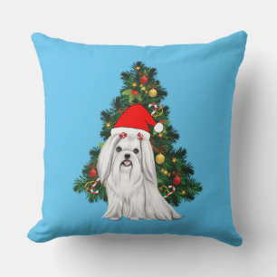 Maltese Christmas, Xmas Maltese Dog with Santa hat Throw Pillow