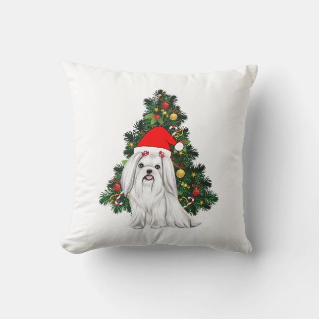 Maltese Christmas, Xmas Maltese Dog with Santa hat Throw Pillow (Front)