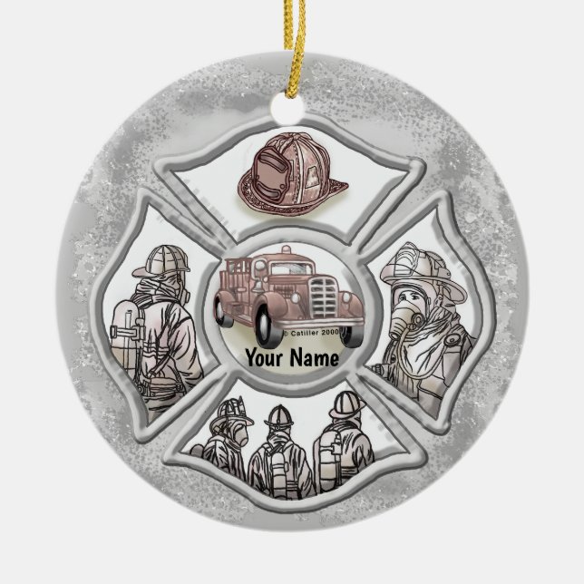 Maltese cross firefighter custom ceramic ornament (Front)