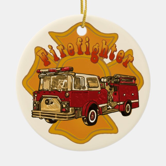 Maltese Cross Firetruck firefighter Ornament (Front)