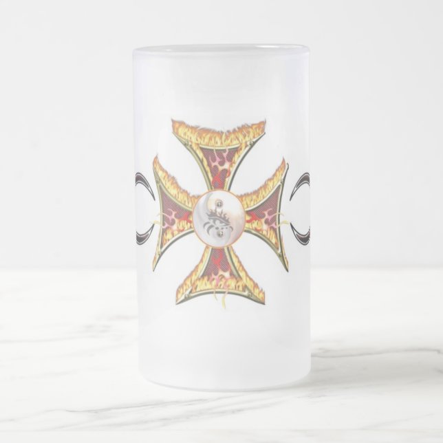 Maltese Cross on Fire Frosted Glass Beer Mug (Center)