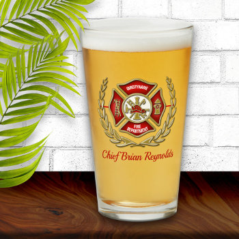 Maltese Cross Personalized Firefighter Pint Glass by reflections06 at Zazzle