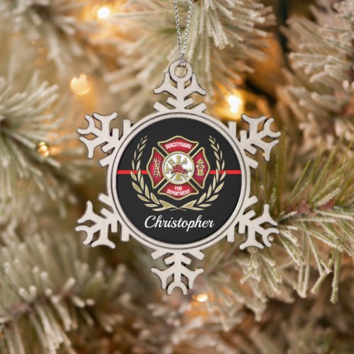 Maltese Cross Personalized Firefighter Snowflake Pewter Christmas Ornament