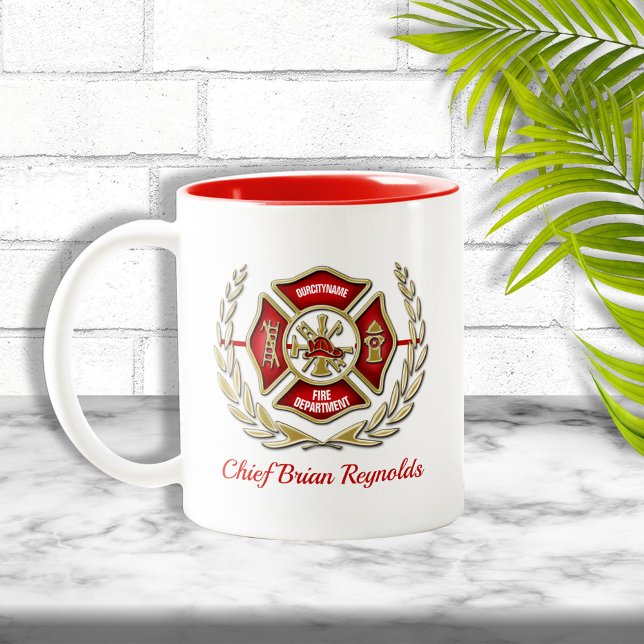 Maltese Cross Personalized Firefighter Two-Tone Coffee Mug (Creator Uploaded)
