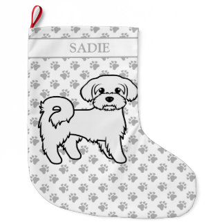 Maltese Cute Cartoon Dog Illustration &amp; Name Large Christmas Stocking