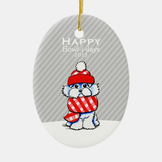 Maltese Cute Dog Christmas Gray Stripe Custom Ceramic Ornament (Front)