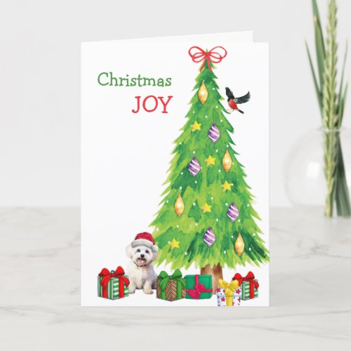 Maltese Dog Bird and Christmas Tree Holiday Card