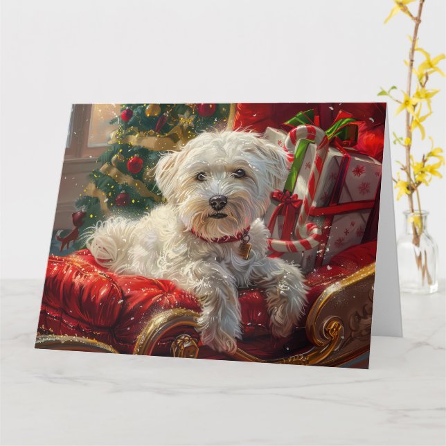 Maltese Dog Christmas Festive Card (Yellow Flower)