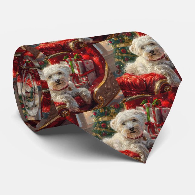 Maltese Dog Christmas Festive Neck Tie (Rolled)