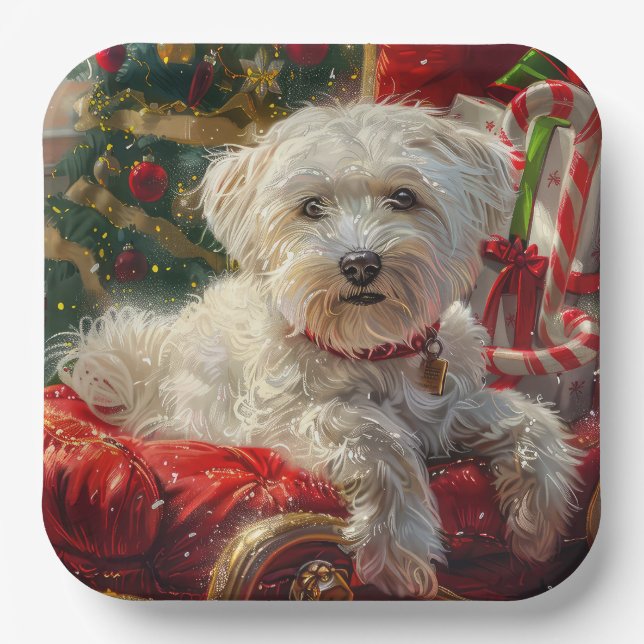 Maltese Dog Christmas Festive Paper Plates (Front)