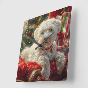 Maltese Dog Christmas Festive Square Wall Clock