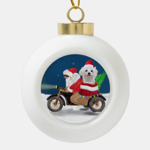 Maltese Dog Christmas Santa Claus  Ceramic Ball Christmas Ornament