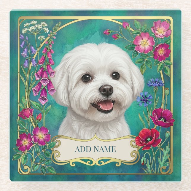 Maltese Dog Custom Glass Teal Coaster (Front)