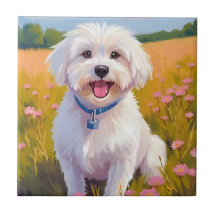 Maltese Dog Flower Field Painting Ceramic Tile
