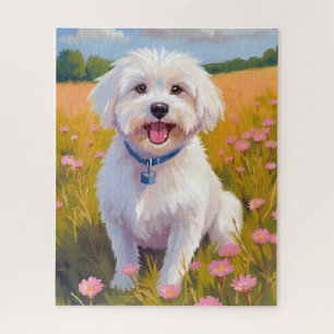Maltese Dog Flower Field Painting Jigsaw Puzzle