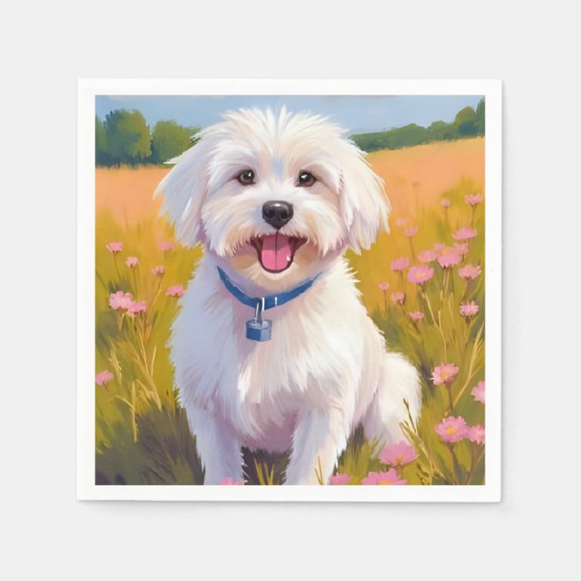 Maltese Dog Flower Field Painting Napkins (Front)