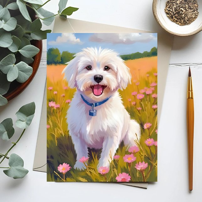 Maltese Dog Flower Field Painting Postcard (Creator Uploaded)