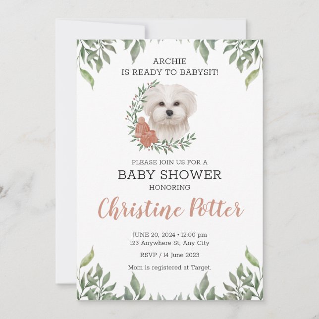 Maltese Dog Girl Boho Greenery Baby Shower Invitation (Front)
