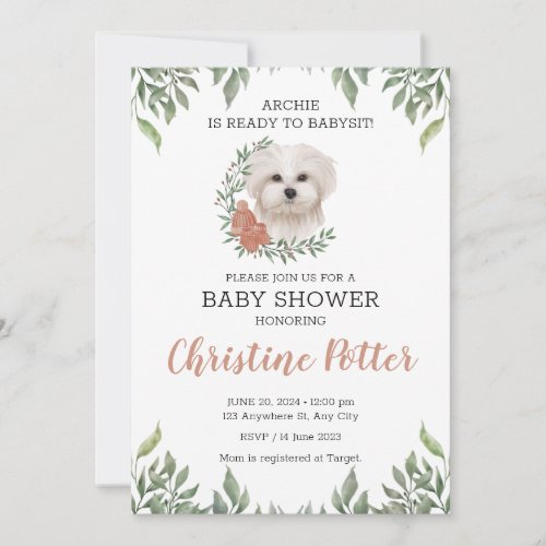 Maltese Dog Girl Boho Greenery Baby Shower Invitation