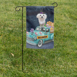 Maltese Dog Halloween Truck Scary Night Garden Flag