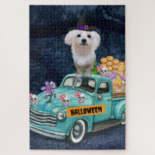 Maltese Dog Halloween Truck Scary Night Jigsaw Puzzle
