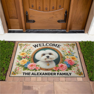 Maltese Dog Haven mat, Floral Framed Chic Welcome Doormat