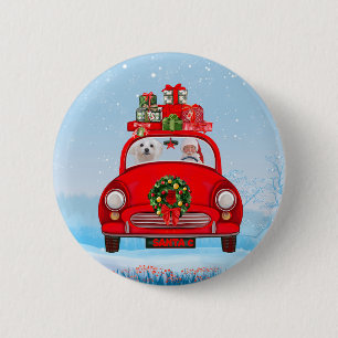 Maltese Dog In Car With Santa Claus  Button