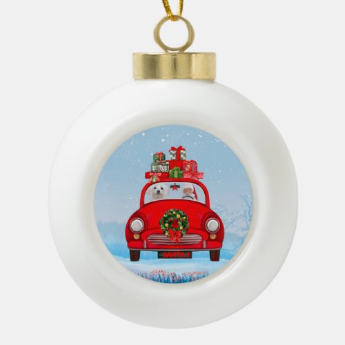 Maltese Dog In Car With Santa Claus  Ceramic Ball Christmas Ornament