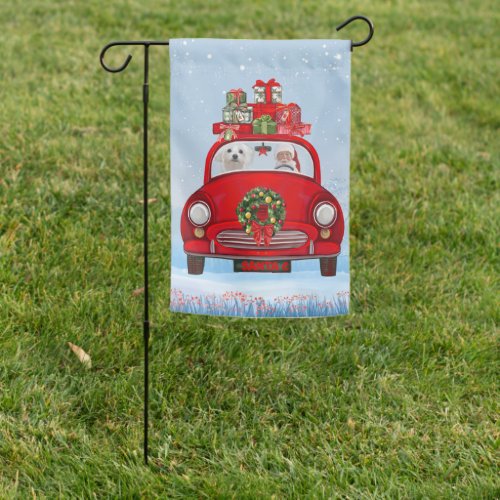 Maltese Dog In Car With Santa Claus  Garden Flag