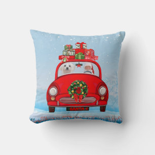 Maltese Dog In Car With Santa Claus Throw Pillow