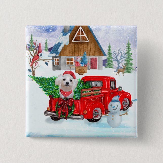 Maltese Dog In Christmas Delivery Truck Snow  Button (Front)
