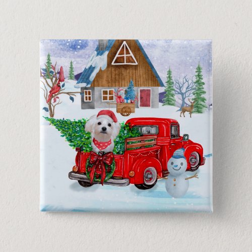 Maltese Dog In Christmas Delivery Truck Snow  Button