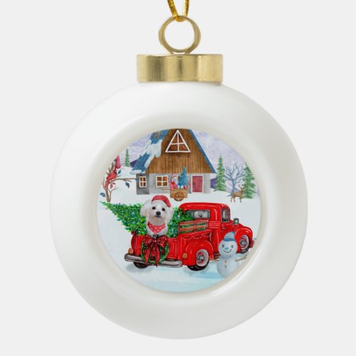 Maltese Dog In Christmas Delivery Truck Snow Ceramic Ball Christmas Ornament