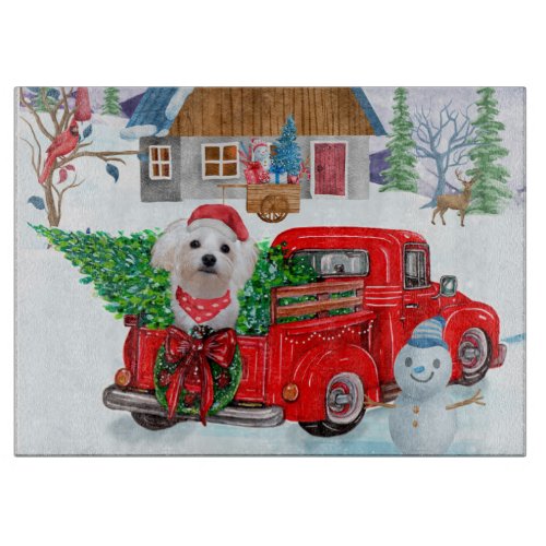 Maltese Dog In Christmas Delivery Truck Snow Cutting Board
