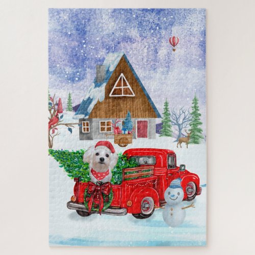 Maltese Dog In Christmas Delivery Truck Snow Jigsaw Puzzle