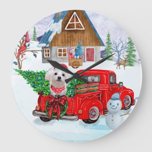 Maltese Dog In Christmas Delivery Truck Snow  Large Clock