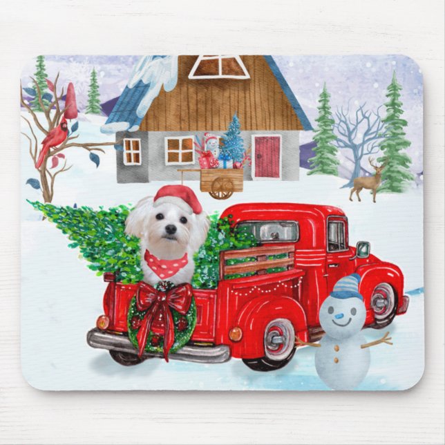 Maltese Dog In Christmas Delivery Truck Snow Mouse Pad (Front)