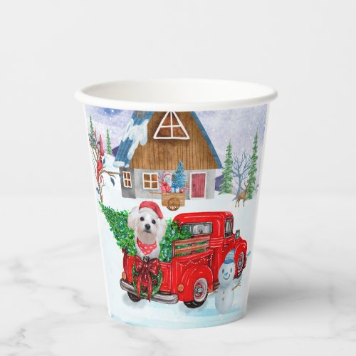 Maltese Dog In Christmas Delivery Truck Snow Paper Cups