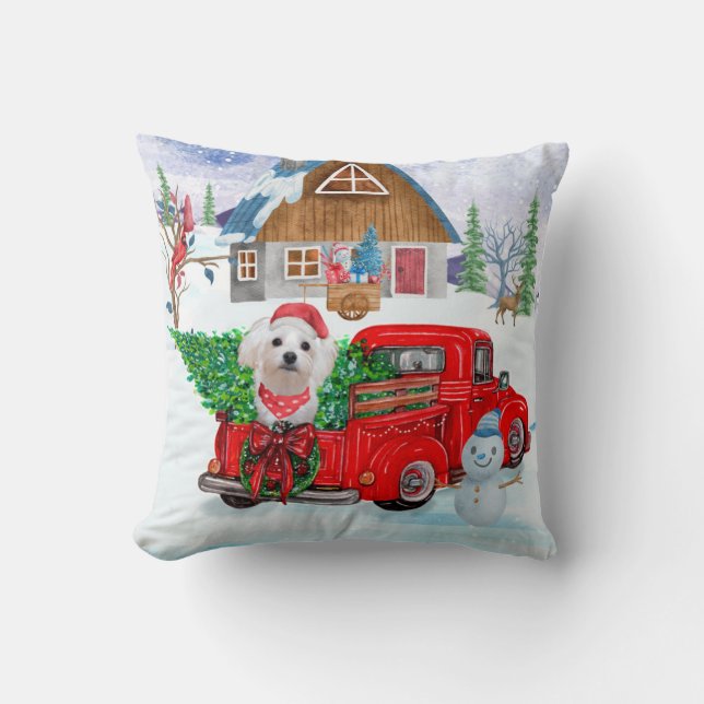 Maltese Dog In Christmas Delivery Truck Snow Throw Pillow (Front)