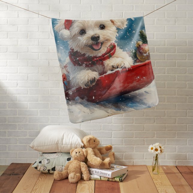Maltese Dog in Sledge Let it Snow Christmas Baby Blanket (In Situ)