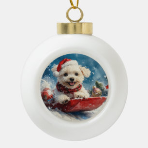Maltese Dog in Sledge Let it Snow Christmas Ceramic Ball Christmas Ornament