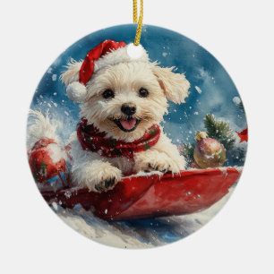 Maltese Dog in Sledge Let it Snow Christmas Ceramic Ornament