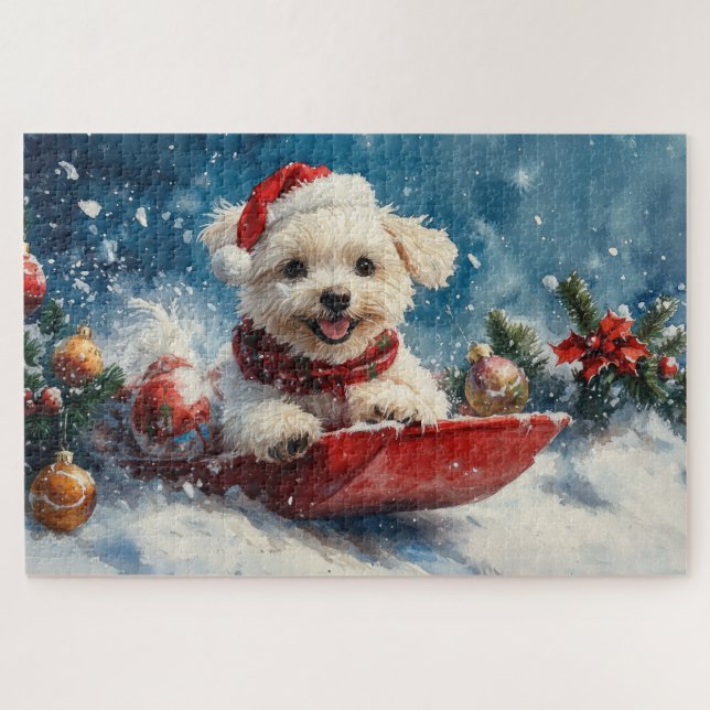 Maltese Dog in Sledge Let it Snow Christmas Jigsaw Puzzle (Horizontal)