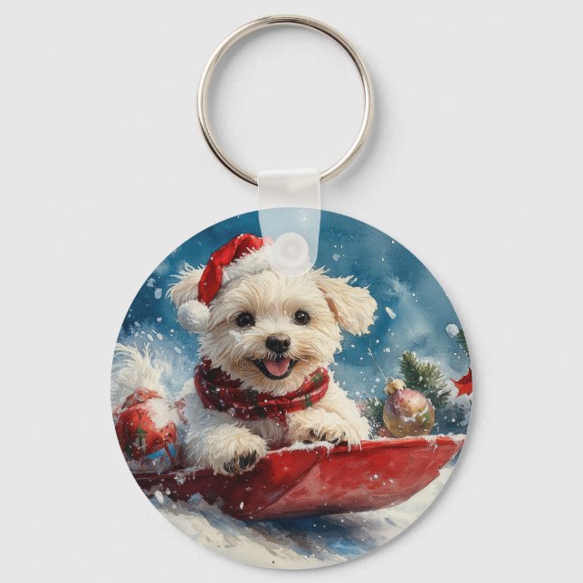 Maltese Dog in Sledge Let it Snow Christmas Keychain (Front)