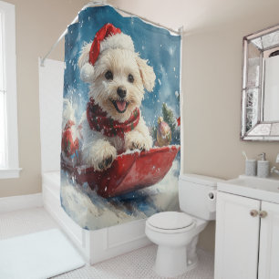 Maltese Dog in Sledge Let it Snow Christmas Shower Curtain