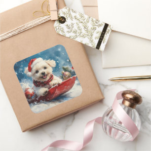 Maltese Dog in Sledge Let it Snow Christmas Square Sticker