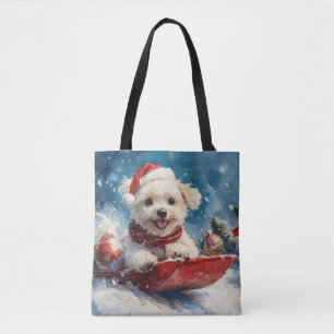 Maltese Dog in Sledge Let it Snow Christmas Tote Bag
