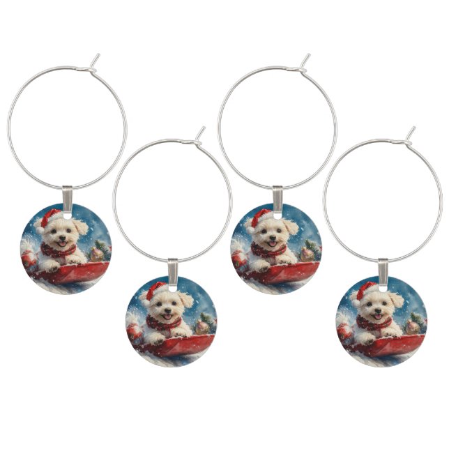 Maltese Dog in Sledge Let it Snow Christmas Wine Charm (Staggered)