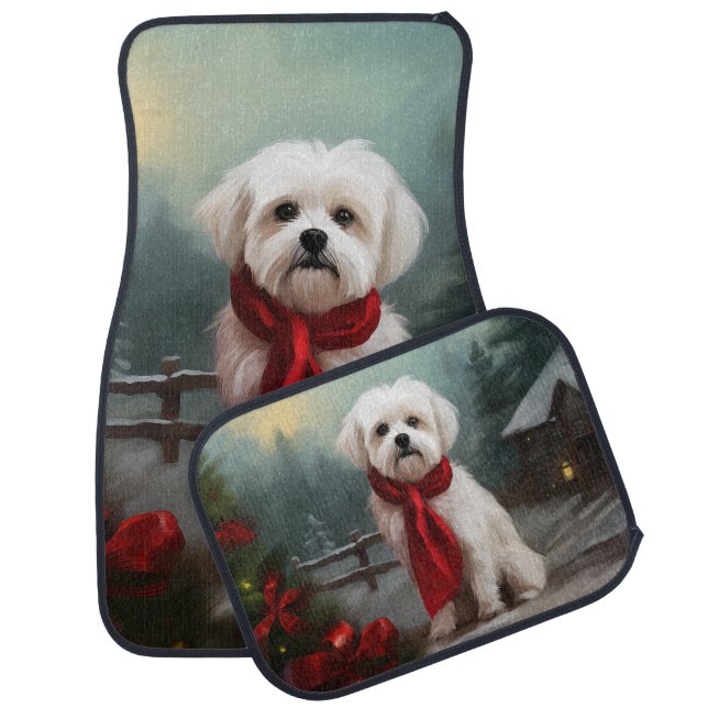 Maltese Dog in Snow Christmas  Car Floor Mat (Set)